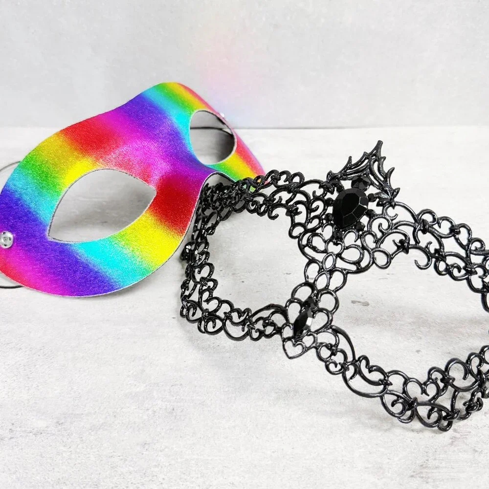 Mens masquerade mask, Black rainbow mask, Venetian mask, Prom mask, 2 in 1 mask